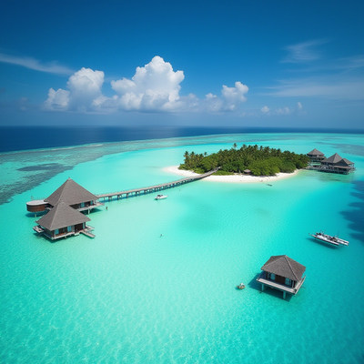Tropical paradise with overwater bungalows and clear waters