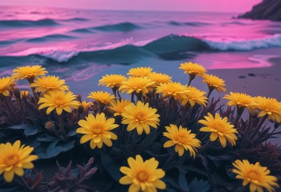 Flowers bloom near ocean waves at sunset