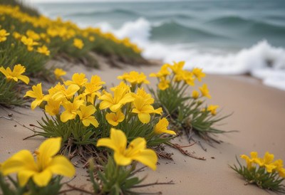 Vibrant yellow flowers bloom on sandy beach near ocean waves