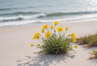 Flowers bloom by the ocean shore in bright sunlight