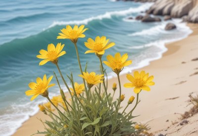 Bright yellow flowers bloom by the shoreline