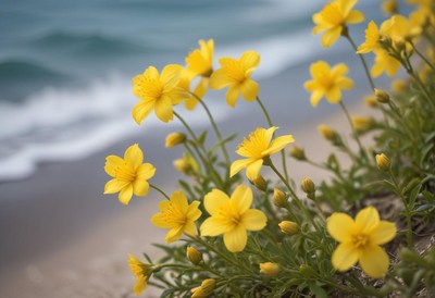 Bright yellow flowers bloom by the ocean shore