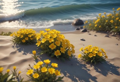 Bright yellow flowers bloom on sandy beach near the water