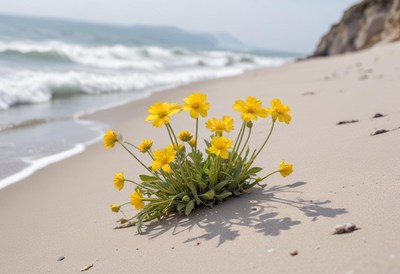 Yellow flowers bloom on sandy beach by the ocean