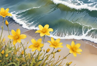 Vibrant yellow flowers by the serene ocean shore