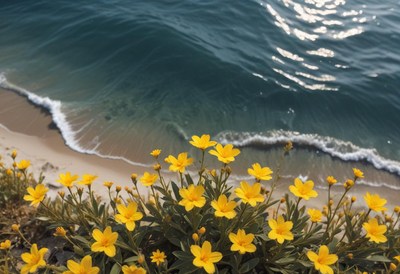Yellow flowers bloom near tranquil ocean waves