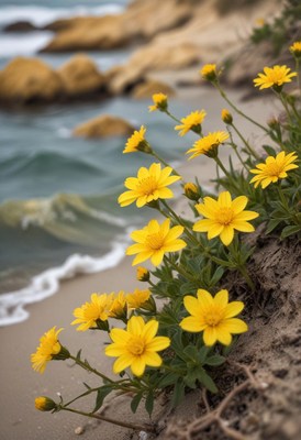 Yellow flowers bloom along a sandy shore by the sea