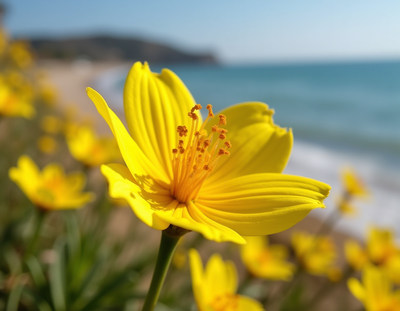 Bright yellow flower blooming near the beach