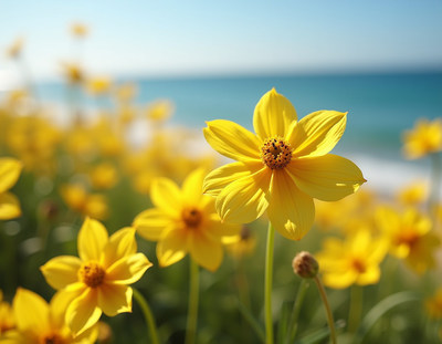 Yellow flowers bloom by the beach under clear skies