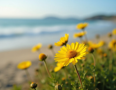 Bright yellow flowers bloom by the ocean shore