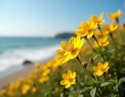 Bright yellow flowers by the ocean shore in sunlight