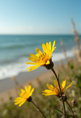 Vibrant yellow flowers by the ocean under clear skies