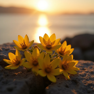 Vivid yellow flowers blooming by the serene waterfront