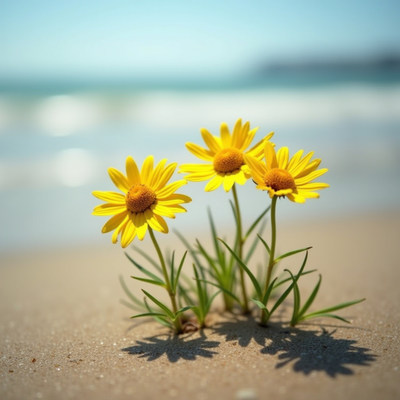 Yellow flowers blooming on sandy beach near ocean