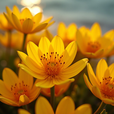 Bright yellow flowers bloom near the water's edge