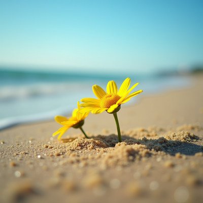 Yellow flowers grow on sandy beach near ocean waves