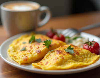 Delicious breakfast featuring omelet and fresh strawberries