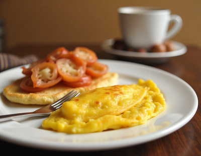 Delicious breakfast featuring omelette and fresh tomatoes