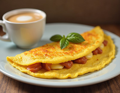 Delicious breakfast with fresh omelette and coffee