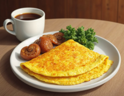 Delicious omelet served with coffee and savory rolls