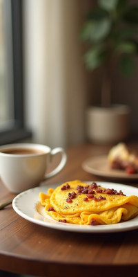 Breakfast with omelette and coffee in a cozy setting