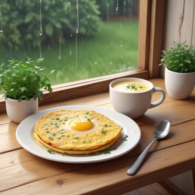 Breakfast scene with egg dish and warm drink by window