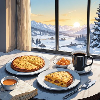 Warm breakfast with mountain view at sunrise