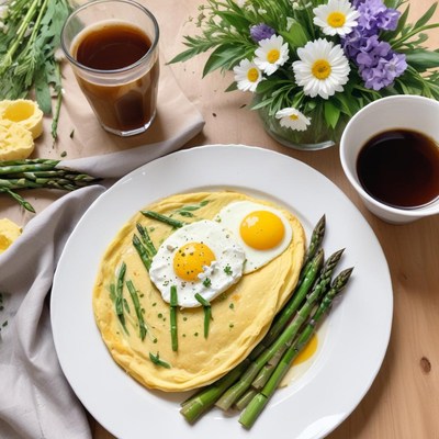 Delicious brunch featuring eggs and asparagus on a table
