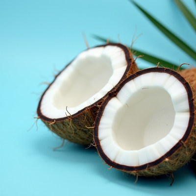 Coconut halves on a light blue background