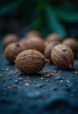 Brown seed pods scattered on a dark surface indoors