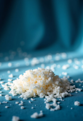 Fine salt scattered on a blue cloth background