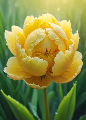 Vibrant yellow tulip blooms in morning light