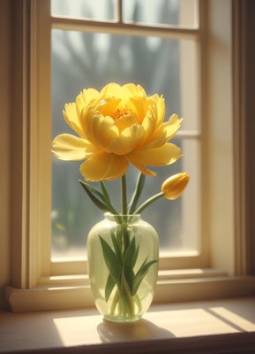 Bright yellow flower in a sunny window setting