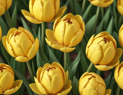 Bright yellow tulips bloom in a vibrant garden setting