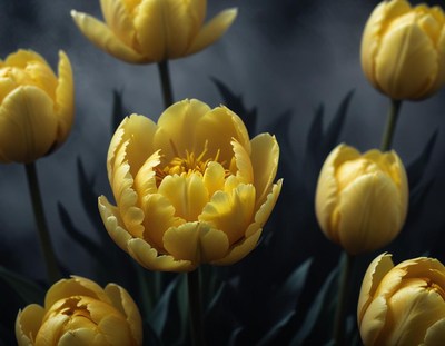Beautiful yellow tulips bloom in dark background