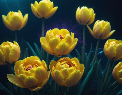 Vibrant yellow tulips blooming in a dark setting