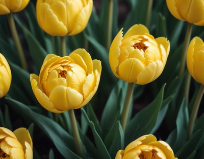 Bright yellow tulips bloom in a vibrant garden setting