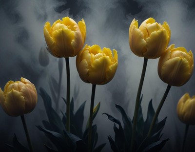 Yellow tulips blooming in foggy atmosphere