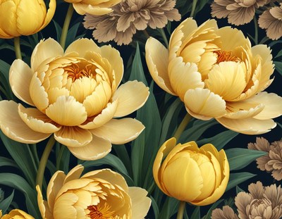 Bright yellow peonies in lush green foliage setting