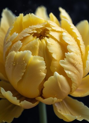 Yellow tulip blooming under water droplets