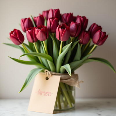 Beautiful bouquet of red tulips in a glass vase