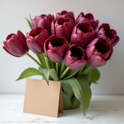 Bouquet of deep red tulips with greeting card