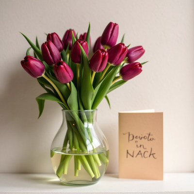 Bouquet of red tulips in glass vase with greeting card