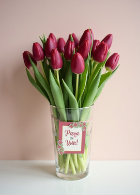 Bright purple tulips in a glass vase for special occasion