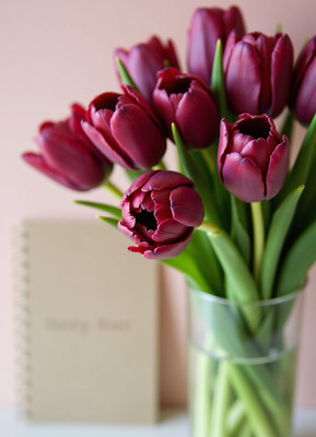 Beautiful bouquet of tulips in a glass vase on a table