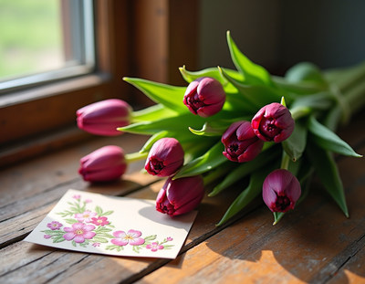 Beautiful tulips with a handmade card on a wooden table