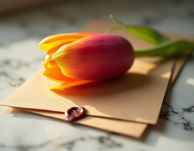 Colorful tulip on a sealed letter resting on marble surface
