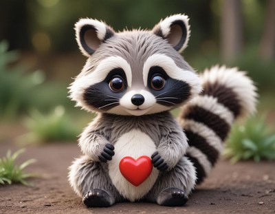 Cute raccoon holds red heart in forest setting