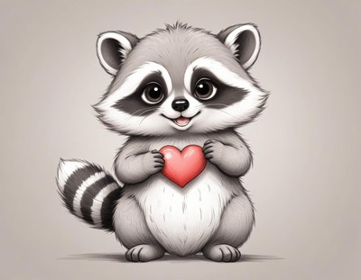 Cute raccoon holding a heart in a playful pose