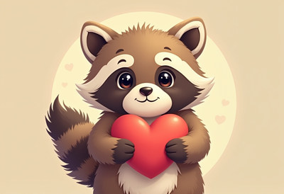 Cute raccoon holding a heart in a cheerful background